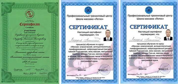 Сертификат профессионального массажиста в студии «Лазарев Велнес» в Харькове. Посетите сеанс массажа по акции.